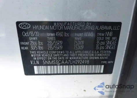 2020 Hyundai Santa Fe Sel 2.0T from USA, damaged, VIN 5NMS3CAA7LH292498